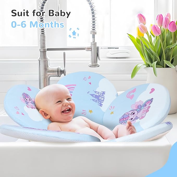 Flower Baby Bath Pad - Ultra Soft Infant Bathtub Mat with Non-Slip Petal Design, Newborn Bathing Lounger Insert for Sink or Tub, Unicorn Theme (Unicorn)