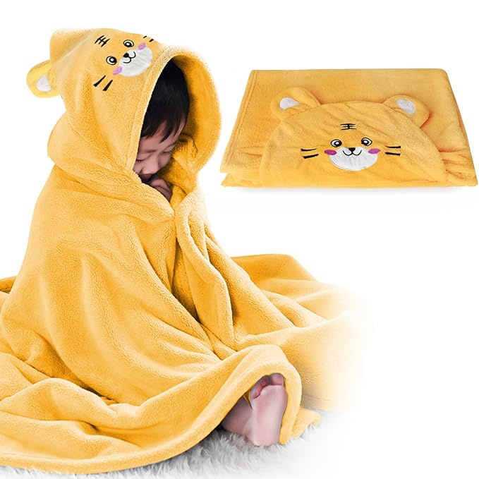 ROMASA Toddler Hooded Bath Towel Ultra Soft Towel Highly Absorbent Bathrobe Blanket for Boys Girls- 27.5" x 55" (Yellow-Tiger)
