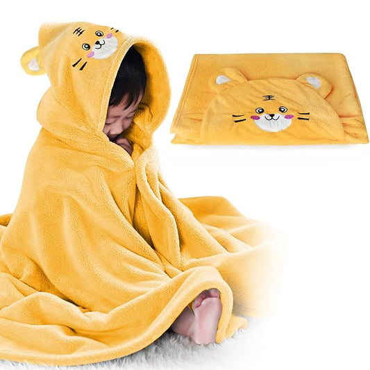 ROMASA Toddler Hooded Bath Towel Ultra Soft Towel Highly Absorbent Bathrobe Blanket for Boys Girls- 27.5" x 55" (Yellow-Tiger)