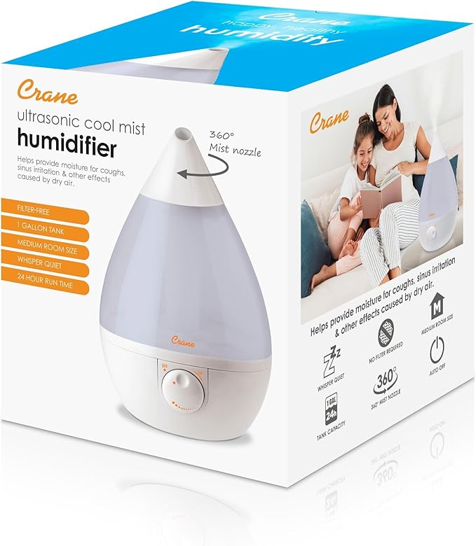 Crane White Drop Ultrasonic Cool Mist Teardrop Humidifier, 1 Gallon Tank, Baby Humidifier for Nursery, Bedroom, Plants, Office, Adjustable Mist Levels
