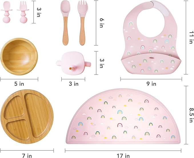 Bamboo Baby Feeding Set for Infants & Toddlers - Baby Essentials, Non-Toxic, Sustainable, Bamboo Suction Plate & Bowl, Bib, Sippy Cup w/Lid & Straw, Daily Use, Travel, Baby Shower Gifts (Pink)
