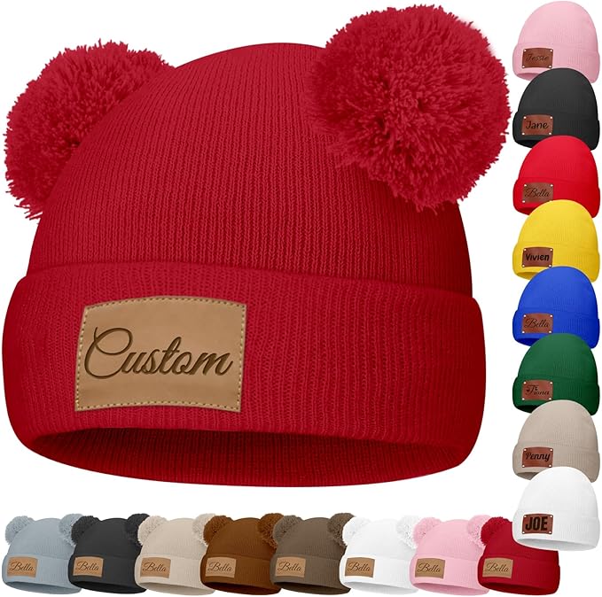 Custom Baby Beanies Personalized Toddler Winter Hats Name Leather Patch Kids Knit Warm Hat for Infant Boys Girls Adult