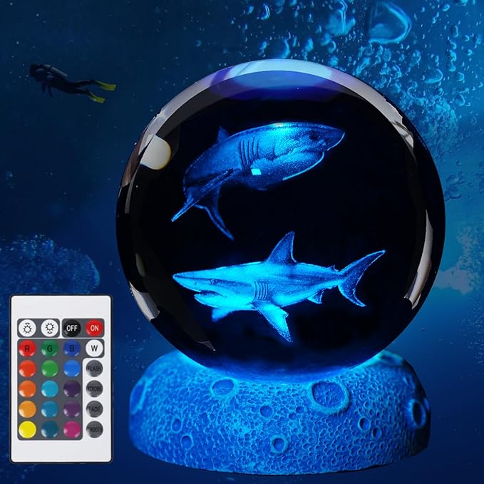 Shark Night Light, 3D Crystal Ball Shark Lamp, Underwater Gifts with 16 Color Remote Upgraded 3.15 Inch Ball for Room Decor Boys Girls Birthday Xmas Cool Figurines Gifts
