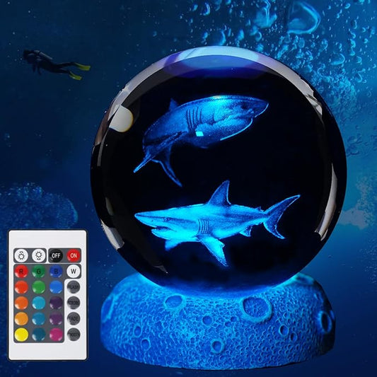 Shark Night Light, 3D Crystal Ball Shark Lamp, Underwater Gifts with 16 Color Remote Upgraded 3.15 Inch Ball for Room Decor Boys Girls Birthday Xmas Cool Figurines Gifts