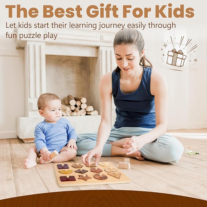 Adena Montessori Wooden Shape Peg 12 Piece of Colorful Shape Cognition Knob Puzzles Baby & Toddler Development Toy (12 Types of Materials)