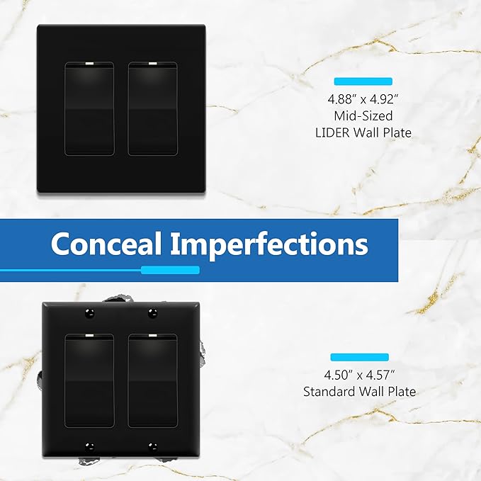 LIDER Matte Finish Double Decorator Switch Cover, Screwless Wall Plate, Mid-Size 2-Gang 4.88" x 4.92", Unbreakable Polycarbonate Thermoplastic, UL Listed, LSWP-32M-BK10P, Black, 10 pack