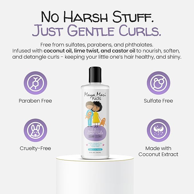 2 in 1 Natural Kids Shampoo and Conditioner, Tear Free | For Toddlers with Curly Hair | For All Kids Hair Types | Coconut & Lime Twist, Made in the USA, 12 Fl Oz