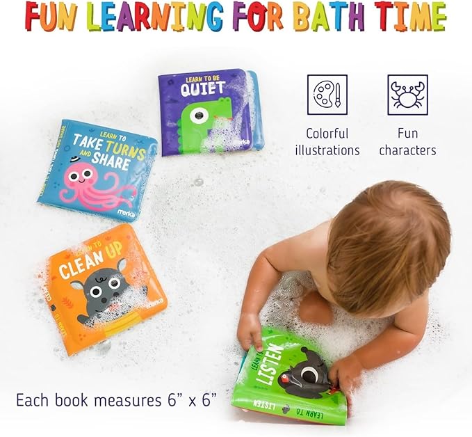 merka Learning Tub Bath Book Set for Toddlers - 6 x 6 in, Multicolor, 4-Pack - Baby Bath Toy for 3 Year Old - Waterproof Floating Bathtub Toys
