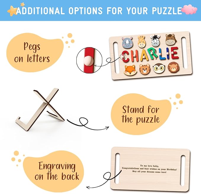 Name Puzzle for Kids Personalized, Wooden Name Puzzles for Toddlers 1-3, Engraved Text Greetings on Back, Custom Baby 1st Birthday Gifts for Girl&Boy, Kids Sensory Toys (Name Puzzle)