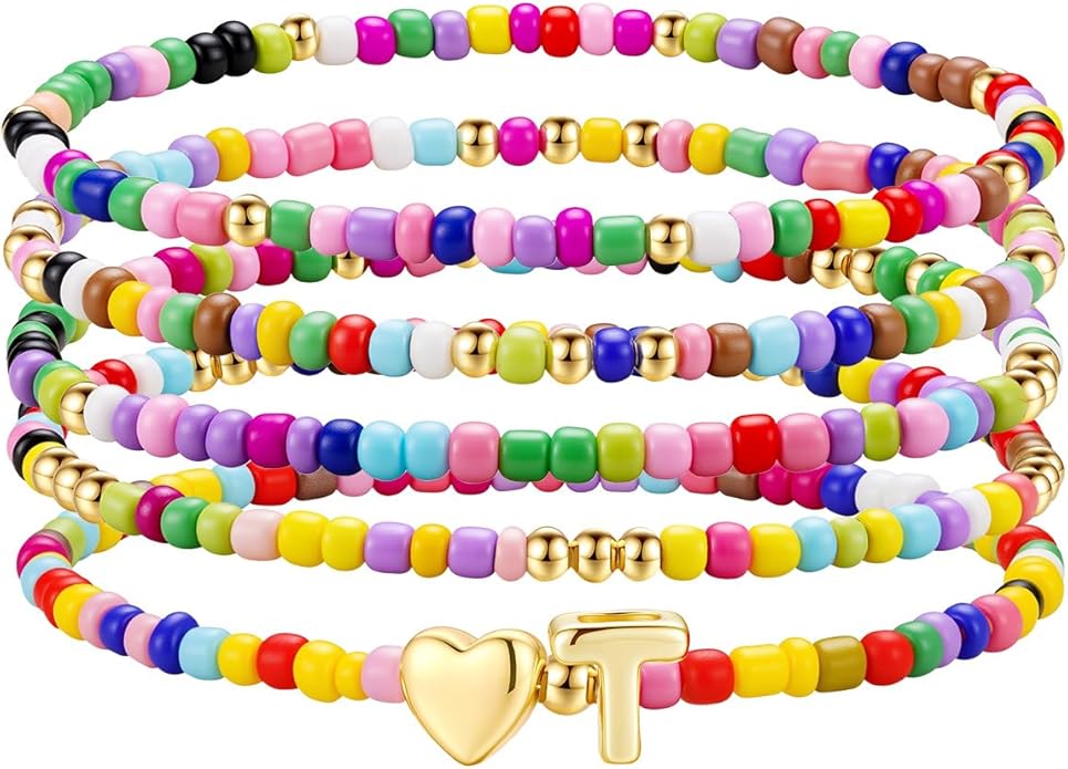 M MOOHAM Stocking Stuffers for Kids Girls Teen - 5PCS Colorful Beaded Initial Bracelets for Women Girls, Cute Stretch Heart Letter Bohemian Stackable Bracelet Birthday Gifts Jewelry for Kids Teen Girl