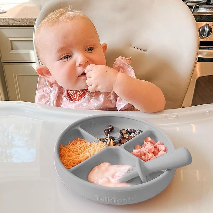 TalkTools Itsy Plate Must-Have Silicone Baby Plates with Suction | Non-Toxic Toddler Feeding Plate | Divided Portion | BPA-Free, Easy-Clean, Travel-Friendly Baby Dishware - Made in USA (Cloud)