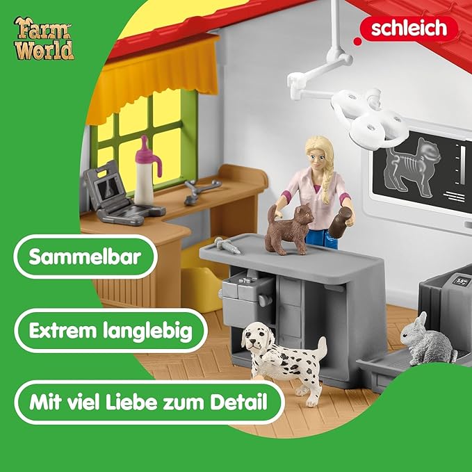 Schleich Farm World - 43 PC Veterinarian Set for Kids - Pet Veterinary Playset has Office, Vet Figurine, Horse, Dog, Cat Animal Toy and Accessories - Educational Toys for Children and Toddlers Ages 3+