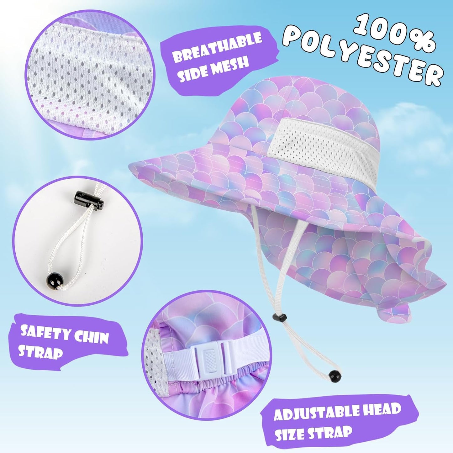 Toddler Baby Sun Hat Kids Summer UPF 50+ for Boys Girls Adjustable Beach Hats with Bucket Wide Brim Age 1-7 Years