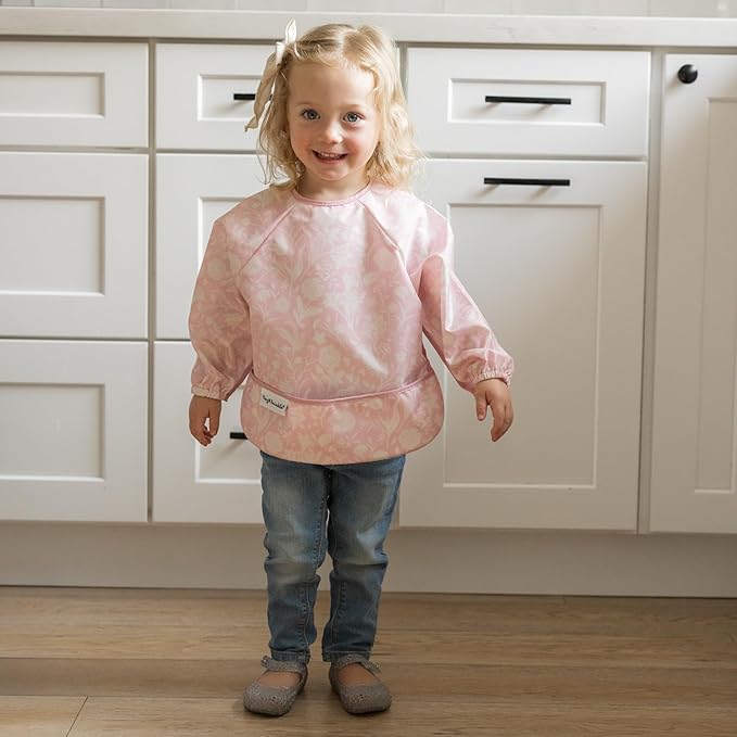 Tiny Twinkle Long Sleeve Bib for Babies & Toddlers – 2 Pack Waterproof Smock Bibs for Eating – Machine Washable & Mess-Proof, Baby Feeding Essential & Shower Must-Have (Toile,Bows, 6-24M)