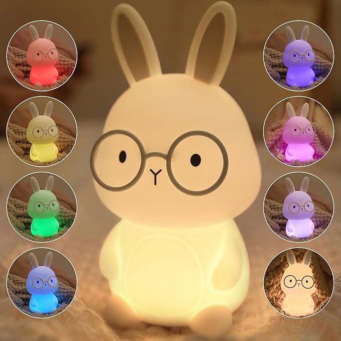 Bunny Night Light for Kids, Soft Silicone Nursery Lamp, 7-Color Glow, 3-Level Dimmable Warm Light, Tap Control, 30Min Timer, Rechargeable, BPA-Free, Easter & Birthday Gift, Baby Room Decor, Gray