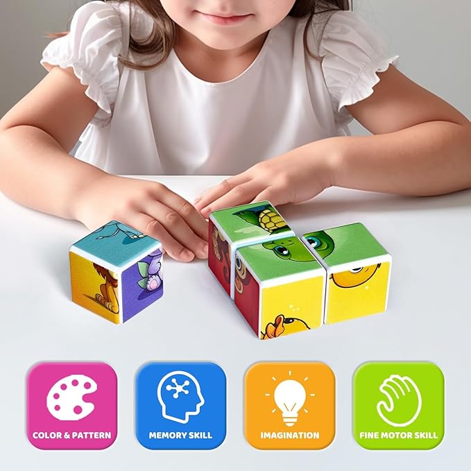 3D Magnetic Cubic Jigsaw Puzzle Toys for Toddlers, Large Building Blocks Cubes 1.65 Inches, Integrated with Magnets, 6 Patterns in Animal Theme