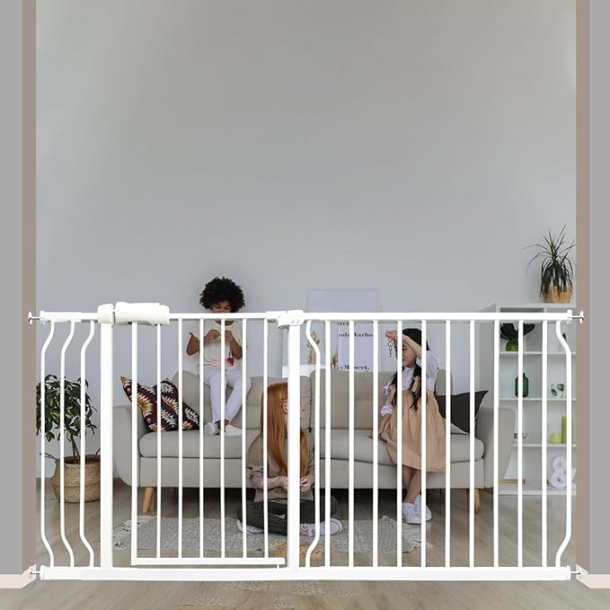 Extra Wide Baby & Dog Gate 62-67 Inch, Pressure Mounted No Drilling, Adjustable Indoor Safety Gate for Stairs & Wide Doorways - Metal Design for Kids and Pets, White