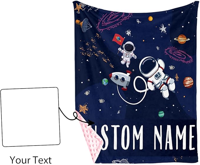 Custom Name Baby Blanket – Plush Flannel Receiving Swaddle with Double-Layer Dotted Backing – Astronauts and Blue Space Theme for Infants and Toddlers