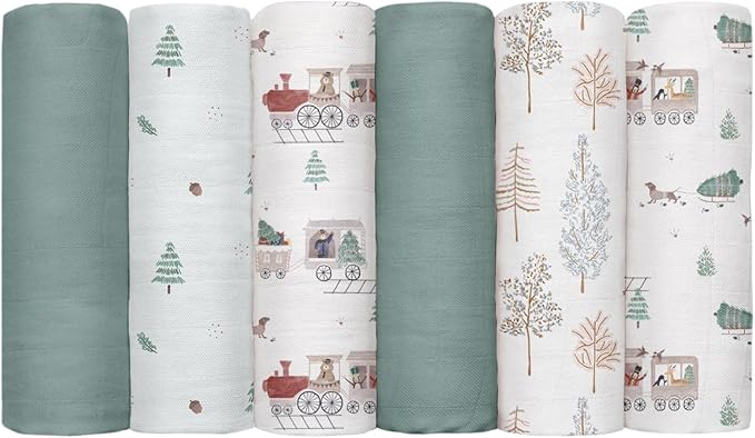 GLLQUEN BABY Receiving Blanket Boy Cotton Muslin Swaddle Blankets Girl Newborn Squares Breathable & Soft Thin Baby Blankets Cloths Double Absorbent Infant Swaddling Wrap - 6 Pack (Pine Tree & Train)