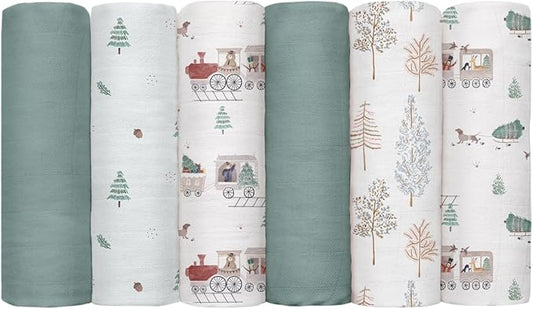 GLLQUEN BABY Receiving Blanket Boy Cotton Muslin Swaddle Blankets Girl Newborn Squares Breathable & Soft Thin Baby Blankets Cloths Double Absorbent Infant Swaddling Wrap - 6 Pack (Pine Tree & Train)