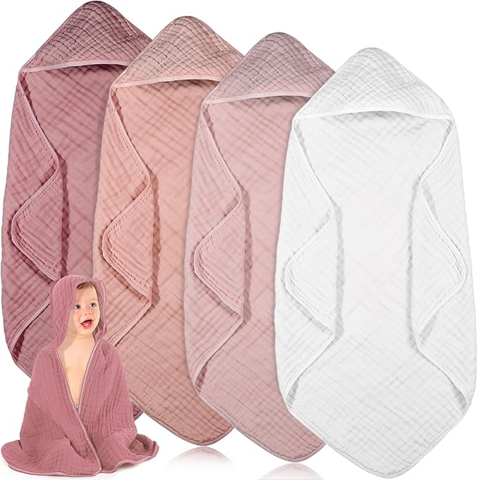 Peryiter 4 Pcs Muslin Hooded Baby Towels, 32"x 32" Cotton Newborn Bath Towel Muslin Infant Baby Blankets Absorbent Unisex Christmas Registry Gift Essentials for Girls Boys (Light Pink)
