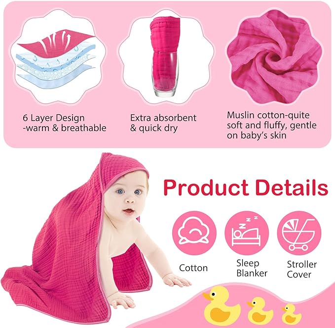 Peryiter 6 Pcs Muslin Hooded Baby Towels, 32"x 32" Cotton Newborn Bath Towel Muslin Infant Baby Blankets Absorbent Unisex Newborn Registry Gift Essentials for Girls Boys (Pink)