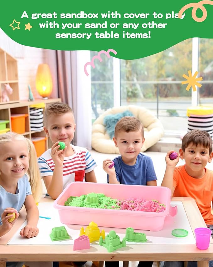 Sensory Bin Sand Tray with Lid for Toddlers 2 Pcs 15in Portable Sandbox Toy Large Plastic Tray for Kids 3 4 5 6 Fill with Sand, Water, Beads, and More (Pink + Green)