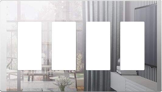 LIDER Quadruple Decorator Wall Plate, Impact Resistant, Mirrored Acrylic Plexiglass Reflective Finish Modern Upgrade Screwless Light Switch Outlet Cover Mid-Size 4-Gang 4.88" x 8.58" Silver