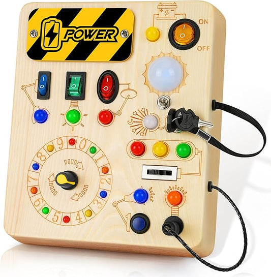 Busy Board, Montessori Toys for 1+ Year Old, Busy Board with 13 Led Light, Wooden Toddler Educational Travel Toy, 1 Year Old Boy&Girl Gifts