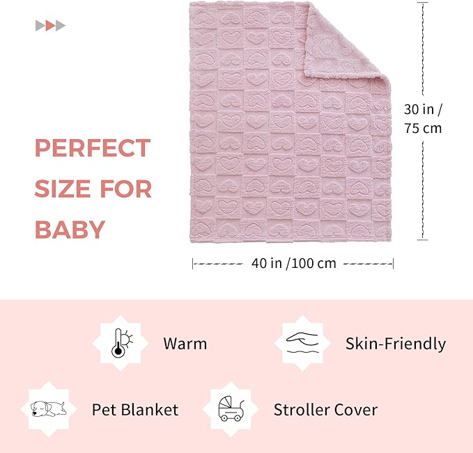 Soft Cozy Fleece Baby Blanket Heart Checkered Pattern Fluffy Plush Receiving Blanket for Newborn Infant Toddler, Warm Crib Stroller Blanket for Boys Girls 30"x40", Light Pink