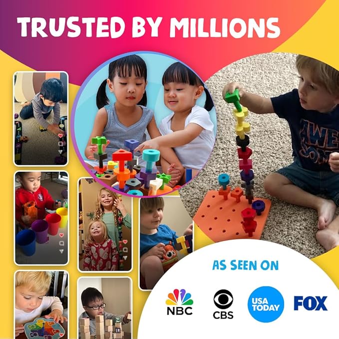 Skoolzy Peg Board Set - Montessori Toys for 2 Year Old - 38 Pc Plastic Peg Board for Kids with Shapes - Occupational Therapy Toys with Pegs, Dice, Lacing String & Storage Bag