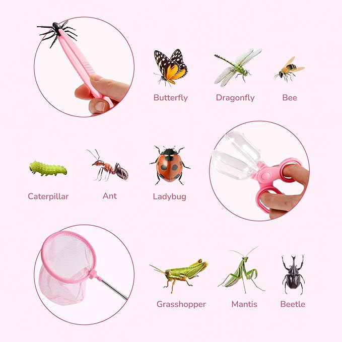 ROBOTIME Kids Explorer Kit & Bug Catcher Kit for Kids, 10PCS Outdoor Bug Catching Kit with Magnifying Glass & Net, Adventure Set for Backyard & Camping, Fun Gift for Girls 3-12 (Pink)