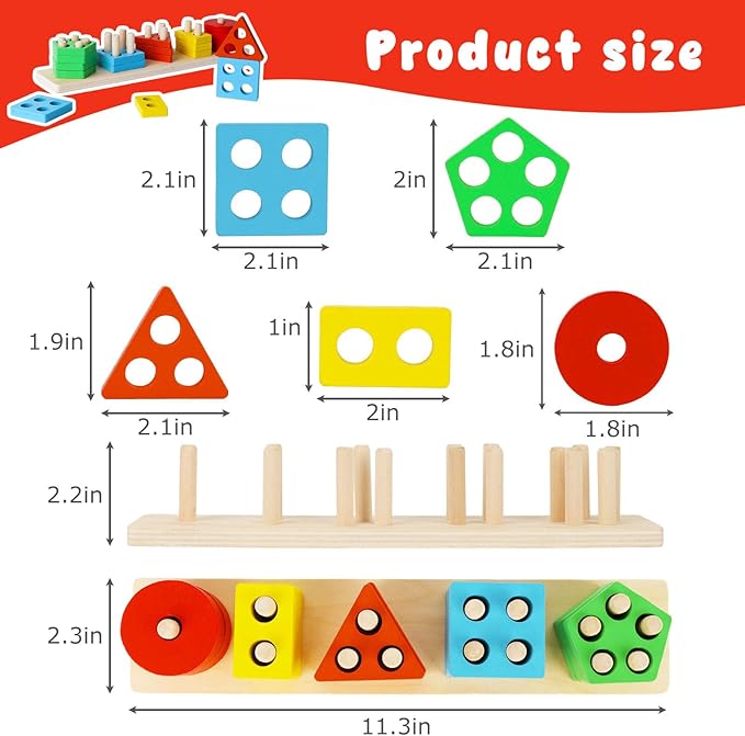 LovesTown Stacking and Sorting Learning Puzzles, Montessori Wooden Sensory Toys for Toddlers, 20 PCS