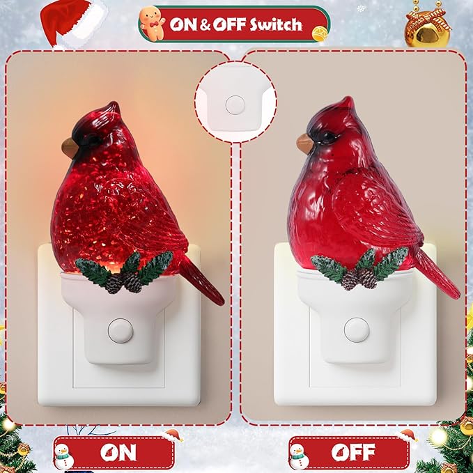 Christmas Cardinal Night Light Plug into Wall Glitter Water Nightlight with USB/Outlet Options, Christmas Decorative Nightlight for Bedroom Kitchen Nursery Hallway Holiday Decorations Gifts (Cardinal)