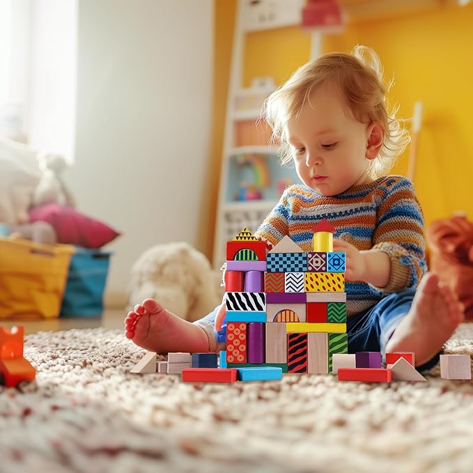50 Pcs Wooden Building Blocks Set with Storage Bucket, Montessori Stacking Blocks & Shape Sorting Toys for Toddlers, Preschool Learning Toys for Boys & Girls, Kids Brightly Colored Blocks