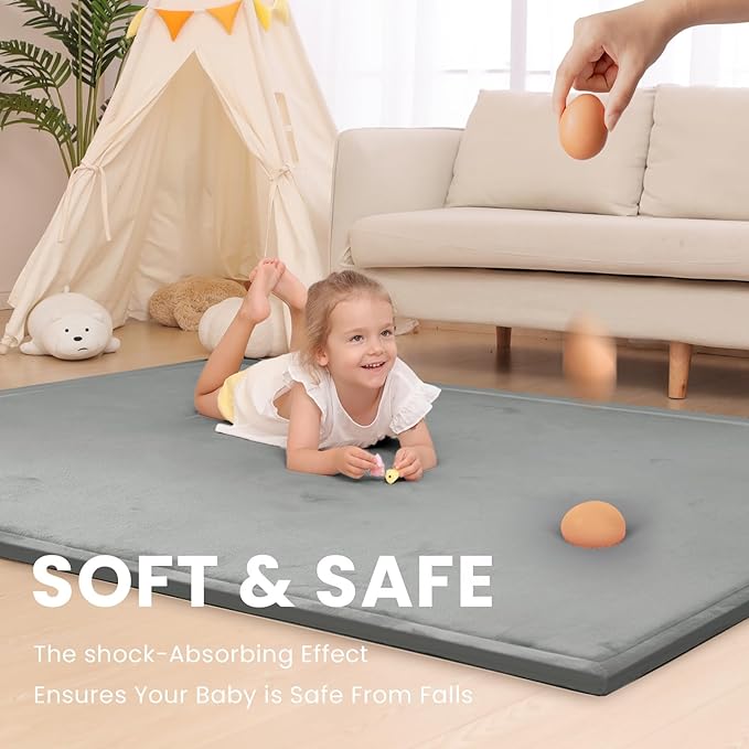 Baby Play Mat for Floor,1.3" Thick Elasti Foam Tummy Time Mat,79"×158“ Extra Large Soft Velvet Nursery Rug,Non Slip Safe for Crawling,Toddlers,Infants,kids,Tatami Style for Living Room,Classroom,Playroom(Dark Grey)