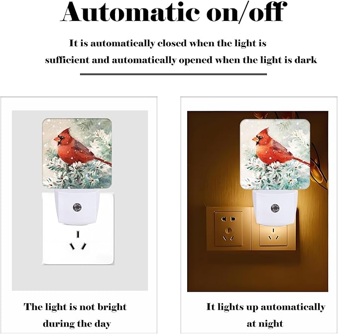 Winter Cardinal Bird Night Light,Plug Into Wall for Boys Girls Bedroom Decorative Square Night Light Lamp 0.5w Sleep Friendly
