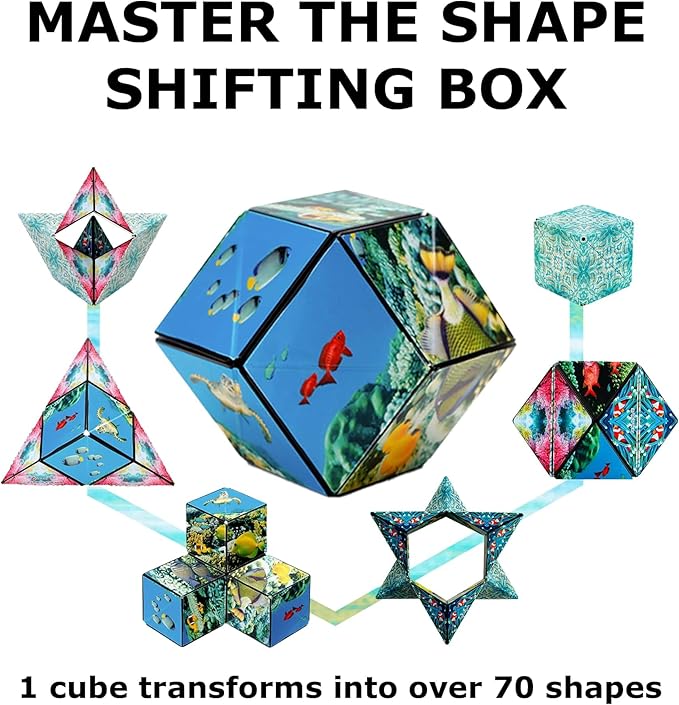 Shashibo Shape Shifting Box - Award-Winning Fidget Toy w/ 36 Rare Earth Magnets - Fidget Cube Transforms Into Over 70 Shapes, Sensory Toy Gift for Kids, Teens, and Adults (Undersea)