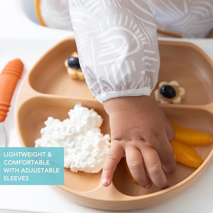 Bumkins Sleeved Bib for Girl or Boy, Baby and Toddler for 6-24 Mos, Essential Must Have for Eating, Feeding, Baby Led Weaning Supplies, Long Sleeve Mess Saving Food Catcher, Soft Fabric, Boho Beige