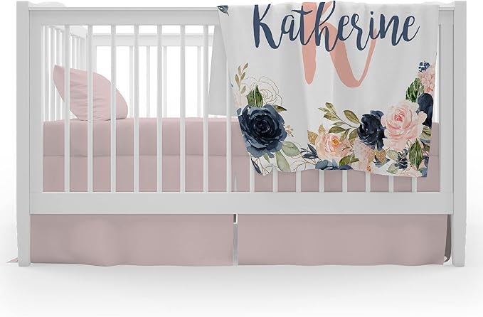 Girls Love A Monogram - Personalzied Custom Navy and Blush Floral Baby Blankets for Girls with Name Shower Gift (Navy & Blush, 30 X 40 Baby)