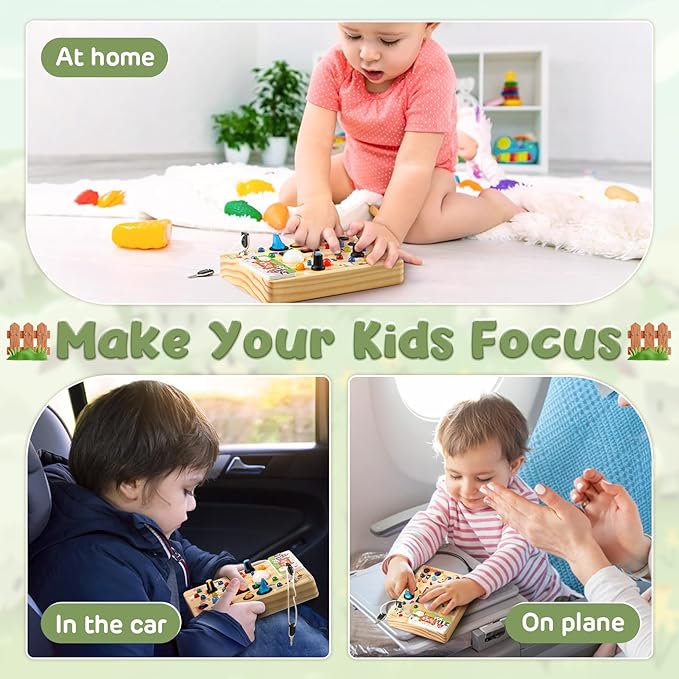 Joyreal Montessori Busy Board Wooden Sensory Toys for Toddler with LED Light Up Switch, Baby Fidget Board Travel Toys for 18+ Months, 1 2 3 Year Old Boys Girls Toddler Toy Gifts (Farm)