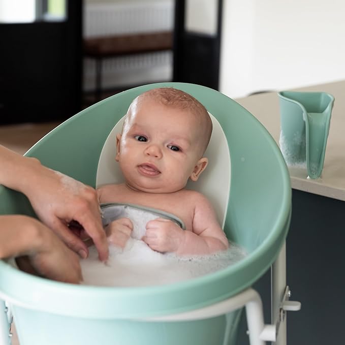 Shnuggle Newborn Baby Bath | Built in Support Bump and Soft Backrest | Suitable from Newborn | Bath Seat Support Includes Plug | Eucalyptus Green