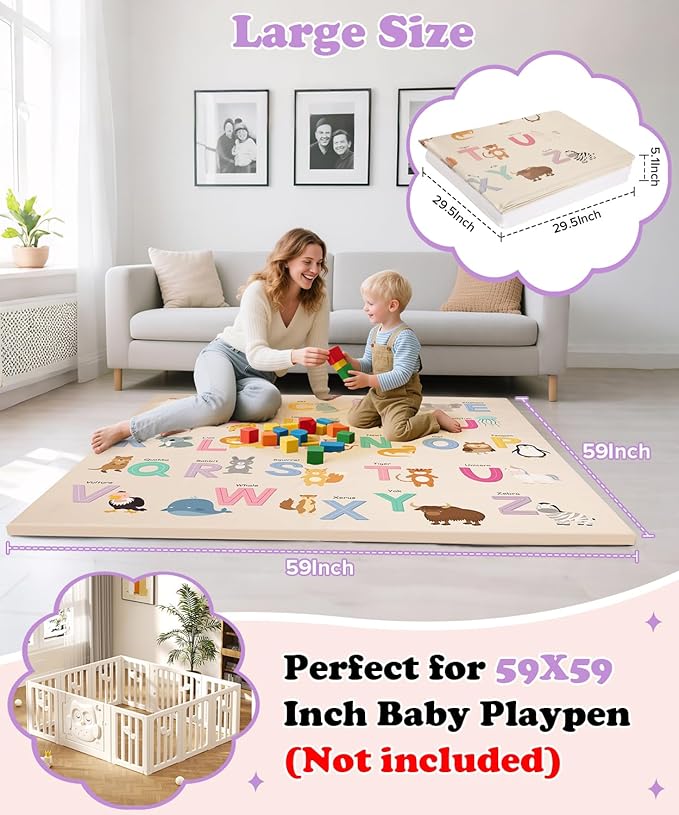 59x59Inch Baby Mat for Floor,1.2Inch Thick Foam Crawling Mat for Babies,Waterproof Floor Cushioned,Kids Playroom Playmat,Wipeable Washable Vegan Leather Padded Memory Foam Playmat for Infant