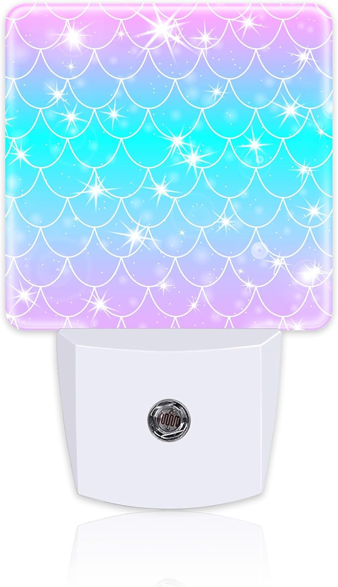 Pink Teal Mermaid Scales Night Light, Rainbow Glitter Fish Scale Dusk to Dawn Night Light Plug in,0.5w Energy Saving Sleep Friendly NightLight for Kids Boys Girls Home Decor