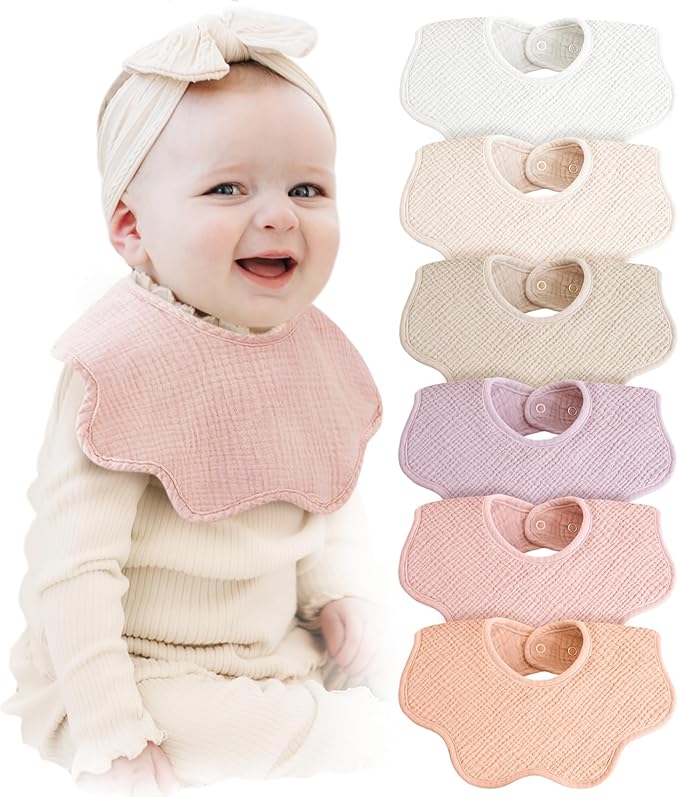 Konssy Muslin Baby Bibs 100% Cotton Absorbent Bandana Drool Bibs for Teething and Drooling, 6-Pack for Baby Boys & Girls