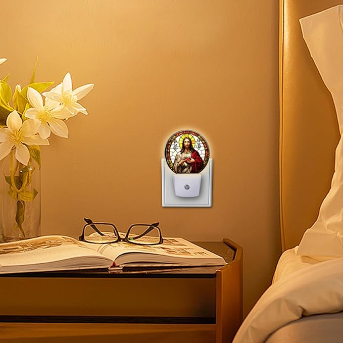 Round LED Night Lights Lamp with Dusk to Dawn Sensor, Jesus Christ with Sacred Heart in Hands Night Light Plug Into Wall for Kids Room, Bedroom, Bathroom, Kitchen, Hallway