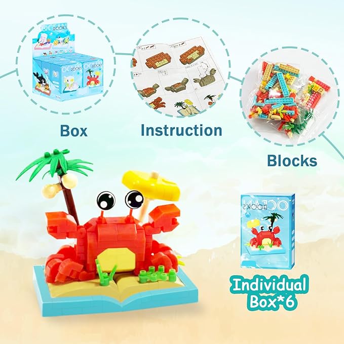 6 Packs Ocean Animals Building Blocks, Marine Life Building Set Toy, Mini Party Favors for Birthday Party Gifts，Goodie Bags Stuffers for Ages Boys Girls