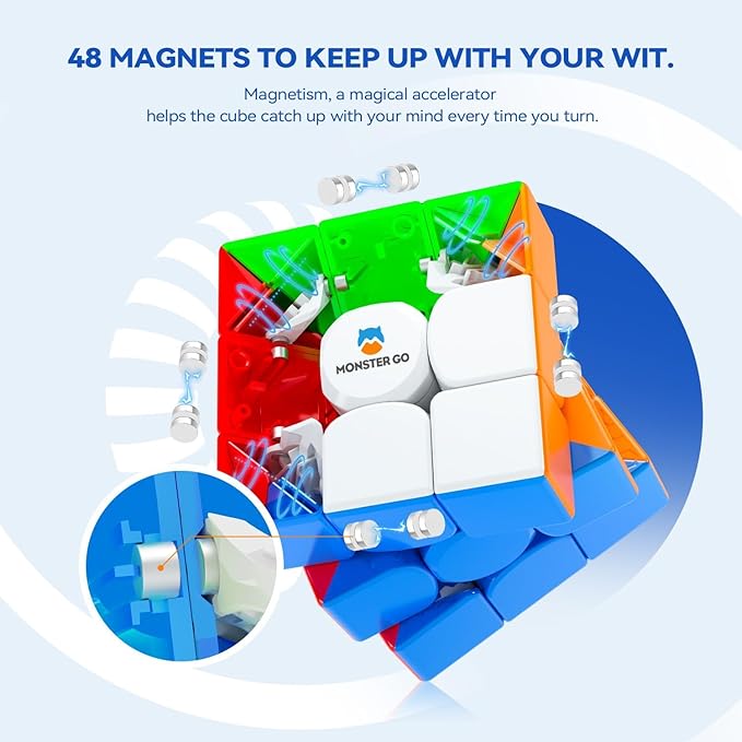 Monster Go Magnetic 3x3 Speed Cube, 48 Magnets Magic Cube Stickerless Puzzle Toy 3D for Kids Beginners Practices Educational MG EDU 56mm