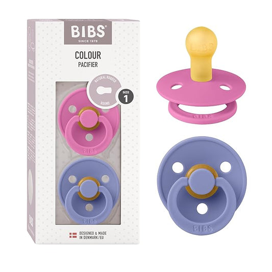 BIBS Pacifiers Colour Collection | Natural Rubber Baby Pacifier | Set of 2 BPA-Free Soothers | Made in Denmark | 0+ Months (Pack of 2) | Bubblegum/Peri
