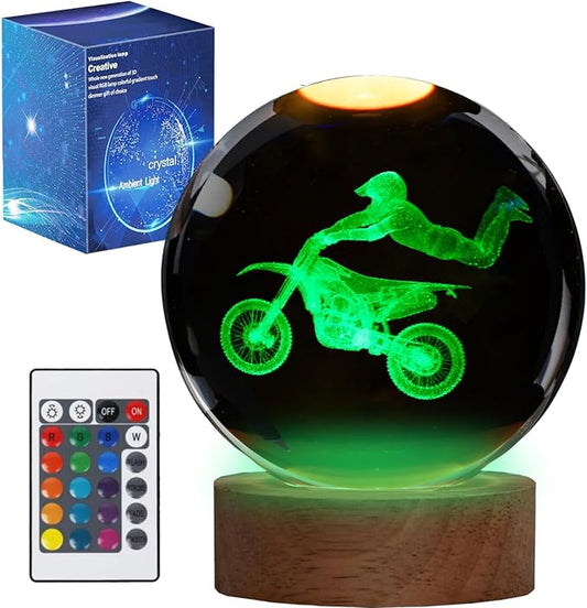 Dirtbike Night Light, Dirtbike Gifts, 3D Crystal Ball Dirtbike Lamp with Remote Upgraded 3.15 Inch with 16 Color for Birthday Xmas Cool Figurines Motorbike Gifts for Room Decor Boys Girls